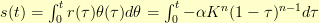 s(t) = \int_0^{t} r(\tau) \theta(\tau) d\theta = \int_0^{t} - \alpha K^{n} (1 - \tau)^{n-1} d\tau s(t) = \int_0^{t} r(\tau) \theta(\tau) d\theta = \int_0^{t} - \alpha K^{n} (1 - \tau)^{n-1} d\tau