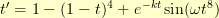 t' = 1 - (1-t)^4 + e^{-kt}\sin(\omega t^8) t' = 1 - (1-t)^4 + e^{-kt}\sin(\omega t^8)